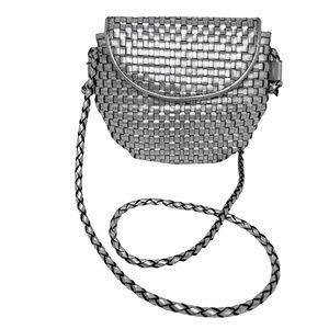 CEE KLEIN ACCESSORIES Genuine Leather Woven Silver Flap Pocket Purse Tote Small